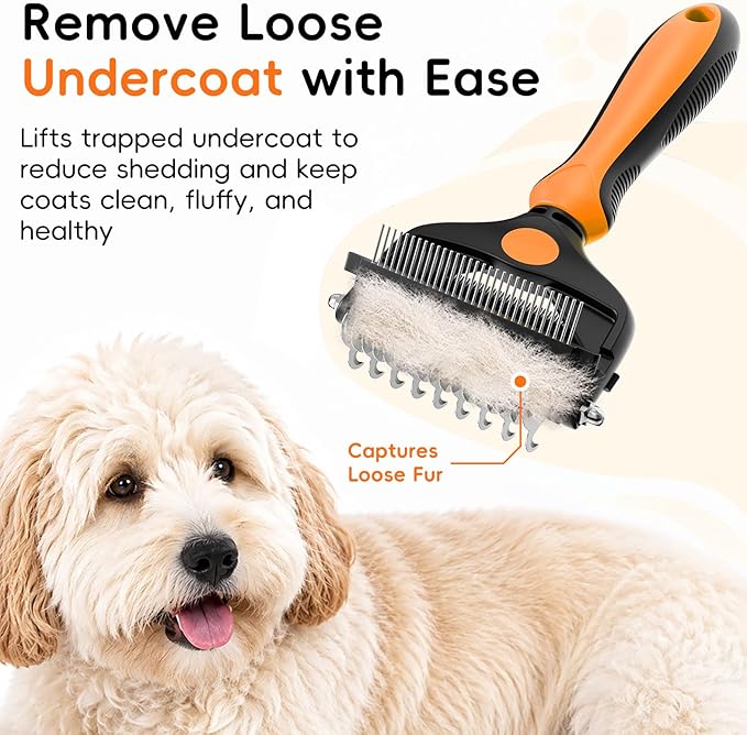3-in-1 Professional Pet Grooming Brush for Dogs & Cats – Dematting Comb, Undercoat Rake & Deshedding Tool for Long & Short Hair, Heavy Shedding & Matted Fur (Organge)