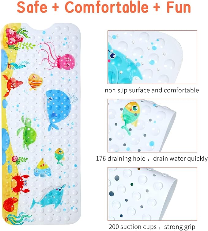 Bath Mat for Tub Non Slip, Machine Washable Anti-Slip Cartoon Baby Bathtub Shower Mat with Drain Holes and Suction Cups for Toddler & Kids, 40 Inch x 16 Inch-Rectangular, Little Whale