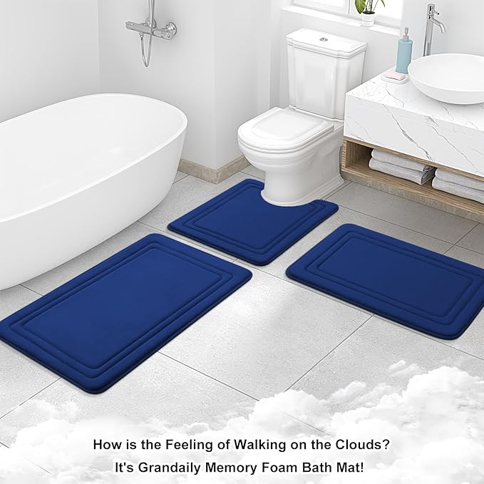 Grandaily Memory Foam Bath Mat Rug 59x24, Ultra Soft, Non-Slip and Absorbent Bathroom Rugs, Machine Wash Dry, Comfortable Bath Carpet for Bathroom Floor, Tub and Shower, Navy Blue