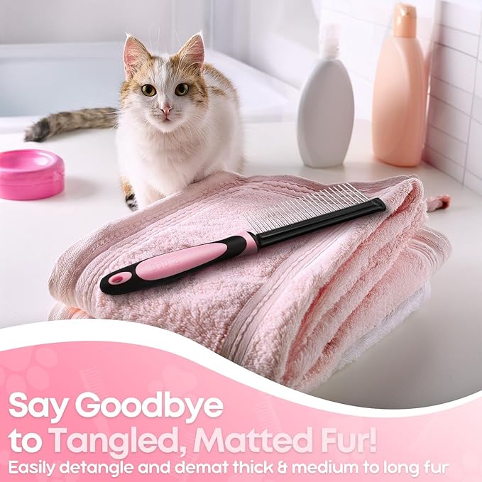 Flexzion Metal Pet Comb for Cats & Dogs – Sturdy Stainless Steel Rounded Teeth with Non-Slip Grip – Easy Grooming & Detangling for Long & Short Hair, Pink
