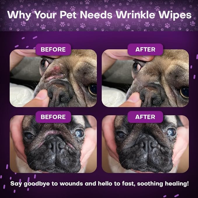 Wrinkle Wipes for Dogs 50 Count 5x6 | 3X Larger Dog Face Wipes for French Bulldog and Pug - Cleans Skin Folds, Tear Stains, Tail Pockets | Anti-Itch, Soothing & Hypoallergenic with Coconut Oil