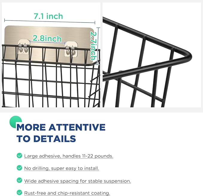 Ptinyiv 2 Pack Hanging Wall Basket Wire Storage Baskets, Adhesive Basket for Cabinet Door Organizer No Drilling, Hanging Fruit Baskets for Kitchen, Pantry Organization, Bathroom, Black