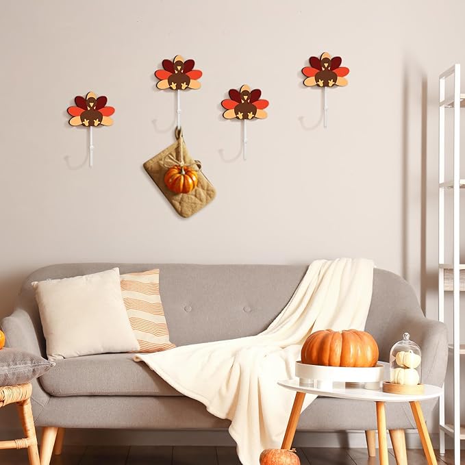 Weysat 4 Pcs Thanksgiving Wall Hooks Turkey Hand Towel Hook Thanksgiving Bathroom Decor Rustic Decorative Wall Mounted Key Holder for Fall Autumn Living Room Bathroom
