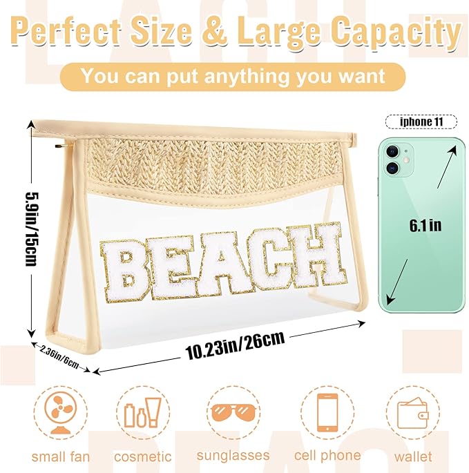 2 Pcs Boho Straw Clear Makeup Letter Pouch, Sunscreen SPF Bag Pouch, Waterproof Beach Toiletry Bag Accessories for Women