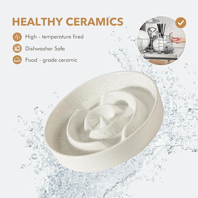 Ceramic 3.2 Cup Raised Slow Feeder Dog Bowl Set, Elevated 8.2inch Bowl and 9.5inch Dish with Acacia Wood Stand for Large Dogs(2 x Vanilla White+ Stand)