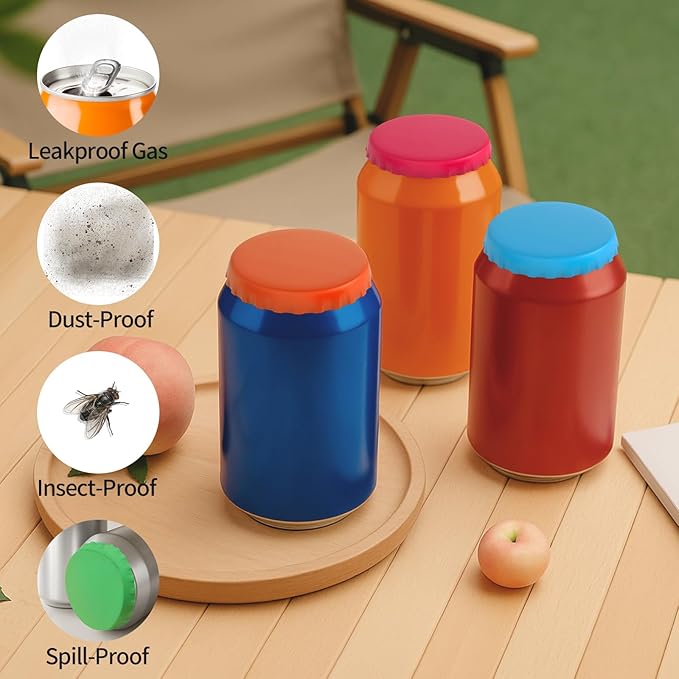 Soda Can Lids – 12 Pack Reusable Silicone Can Covers, Pop Can Lids Fits Standard Cans, Can Toppers for Soda, Beer, Beverage (Assorted, BPA-Free)