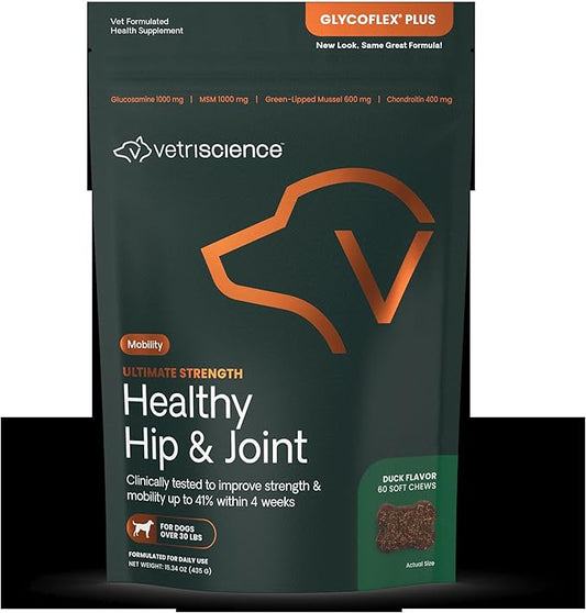 VetriScience Ultimate Strength Hip & Joint Supplement for Dogs, GlycoFlex Plus – MSM, Chondroitin & Green-Lipped Mussel Chews for Mobility, Flexibility, Comfort & Support, Duck Flavor, 60 Cnt