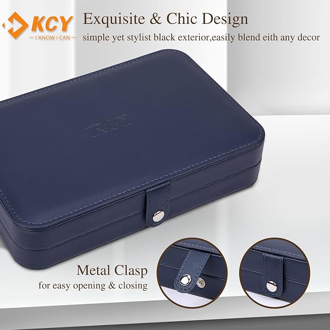 KCY Travel Jewelry Organizer Box for Women Girls, Small Travel Jewelry Case, PU Leather Portable Jewellery Storage Boxes Display Holder for Ring Earrings Necklace Bracelet Bangle, Gifts,Dark-blue