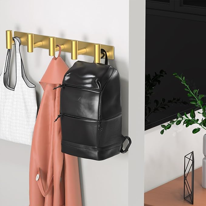 VINHOLD Wall Mounted Coat Rack-5 Hooks, Heavy Duty Stainless Steel Wall Hooks for Towel Coat Bag, Hat Rack Coat Hanger Coat Hooks Towel Racks for Bathroom Entryway Kitchen Hotel Office (Gold, 1 Pack)
