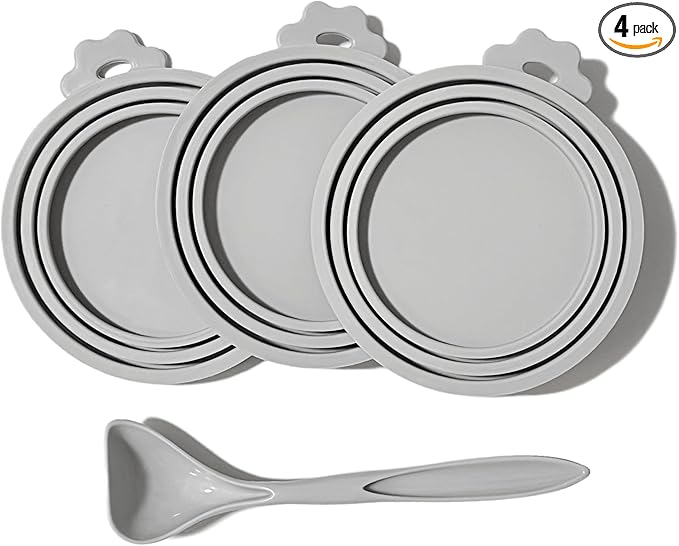MoPawKT- Silicone Cat/Dog Food Can Covers Lids, Universal 3 Sizes Fit for 3oz, 5.5oz, 6.5oz, 13oz, 13.2oz Pet Food Cans, BPA Free, Reusable (box of 3 lids+1 scoop in Grey)