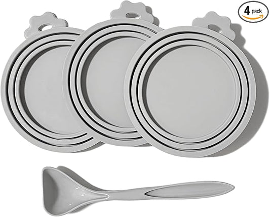 MoPawKT- Silicone Cat/Dog Food Can Covers Lids, Universal 3 Sizes Fit for 3oz, 5.5oz, 6.5oz, 13oz, 13.2oz Pet Food Cans, BPA Free, Reusable (box of 3 lids+1 scoop in Grey)