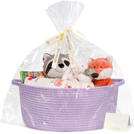 CHICVITA Small Woven Basket with Gift Bags & Ribbon Baskets for Gifts Empty, Rope Baskets for Organizing, Home Decoration for Kids,13.6"x 10" x 6", Purple