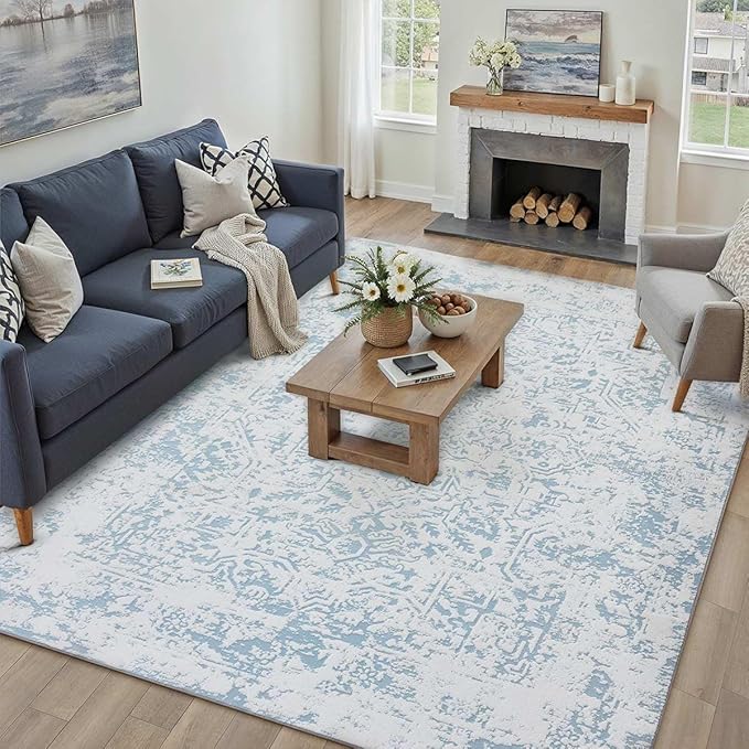6x9 Fluffy Area Rug Blue Shag Neutral Carpet for Living Room Soft Medium Pile Floral Rug for Bedroom Dorm Office Dining Room Kitchen Nursery Modern Decor