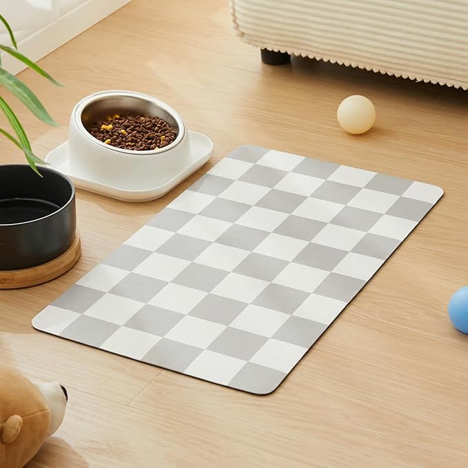 Checkered Dog Feeding Mat, Absorbent Mats for Dog Food and Water Bowl, Dispenser, Feeder, Retro Aesthetic Grey Checkerboard Pet Placemat for Dogs, Cats, Puppy Accessories, 16" X 24”