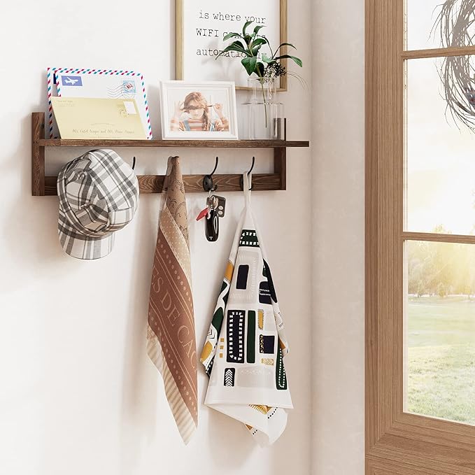 BAMEOS Wall Mounted Coat Rack with Adjustable Easy Install, Rust Proof, Brown Wooden Material, 28.9 Inch Length
