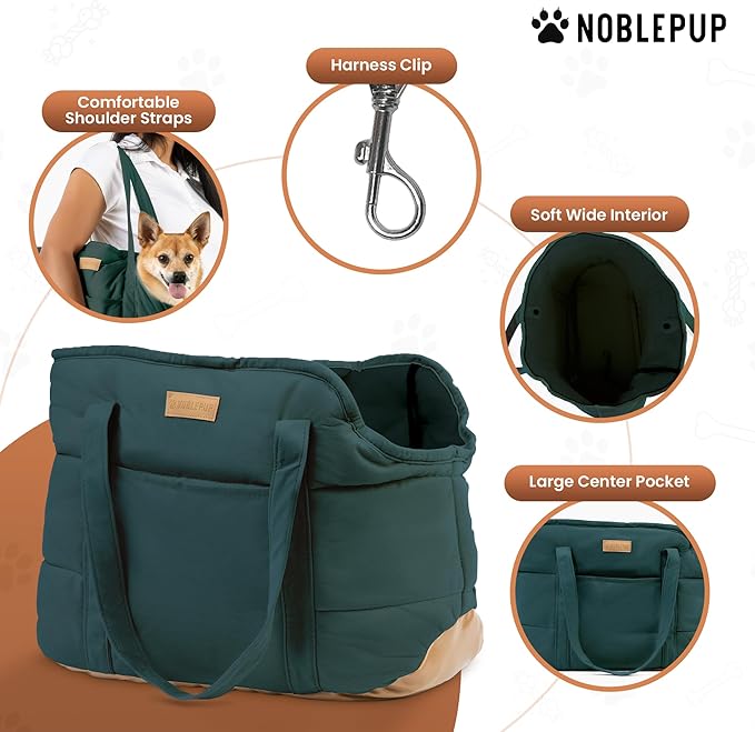 NoblePup Plush Dog Purse Carrier for Small Dogs, Soft Dog Tote Bag with Safety Harness Clip, Cozy Pet Carrier for Dogs Under 15 lbs, Comfortable Dog Shoulder Carrier for Travel, Green