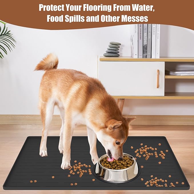 18"x12" Dog Food Mat, Silicone Dog and Cat Mats for Food and Water Bowls, Waterproof Raised Edge Pet Feeding Mat for Contain Spills Protects Floors, Multiple Colors & Sizes for Pets, Deep Green