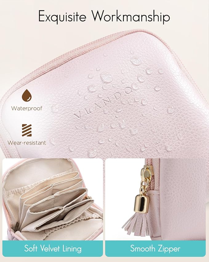 Vlando Small Jewelry Travel Case,Jewelry Pouch Bags with Zipper,Velvet Jewelry Organizer Storage Bag for Bracelet Rings Earring Travel Essentials Gifts for Women Girl-Pearl Pink