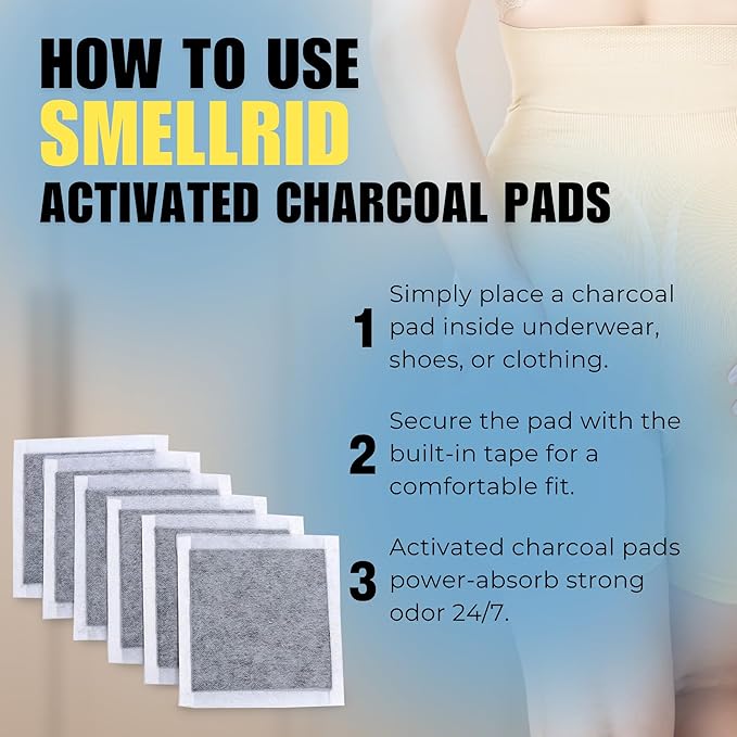 SMELLRID Activated Charcoal Odor Absorber Pads for Women and Men, Discreet Underwear and Shoe Odor Eliminator for Strong Odor, Home Use, Unscented 12 Pack