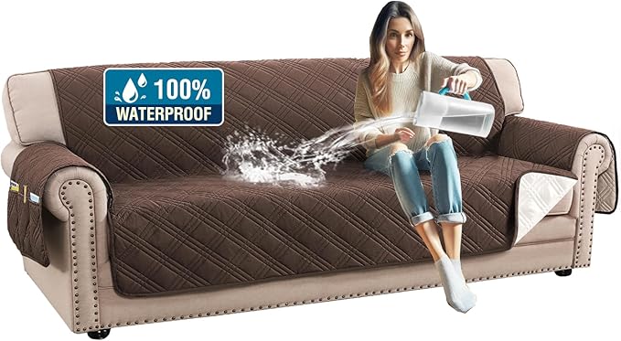 H.VERSAILTEX 100% Waterproof Sofa Covers for 3 Cushion Couch Modern Sofa Cover for Dogs XL Couch Covers for Oversized Sofa with Elastic Straps (Oversized Sofa, Brown/Beige)