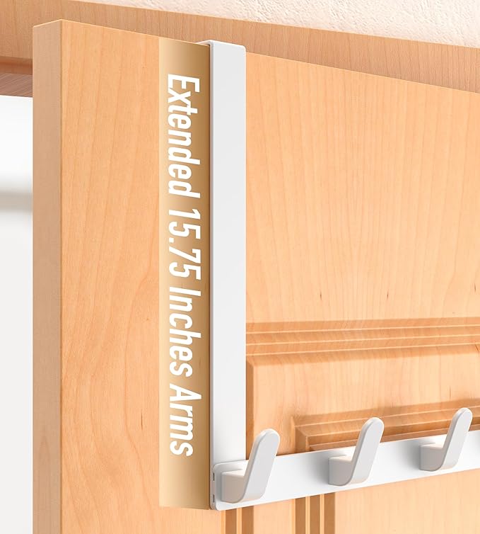 CHAUNCEY HOME Long Over The Door Hooks with 15.75-inch Arms for Easier Access by Women, Heavy Duty Door Hanger for Winter Coat, L16U, Fits Standard 1 3/8'' Doors, Towel Racks Organization, White