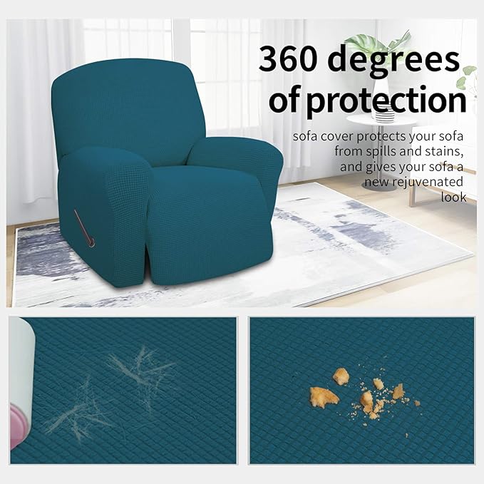Easy-Going 4 Pieces Oversized Recliner Stretch Sofa Slipcover Sofa Cover Furniture Protector Couch Soft with Elastic Bottom Polyester Spandex Jacquard Fabric Small Checks Peacock Blue,X-Large