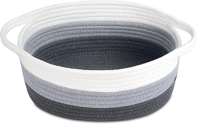 ABenkle Small Basket, 12"x 8" x 5" Cute Small Woven Basket, Rope Room Shelf Storage Basket, Cat Dog Toys Basket Chest Box, Decorative Empty Gift Basket with Handles - White & Grey & Dark Grey