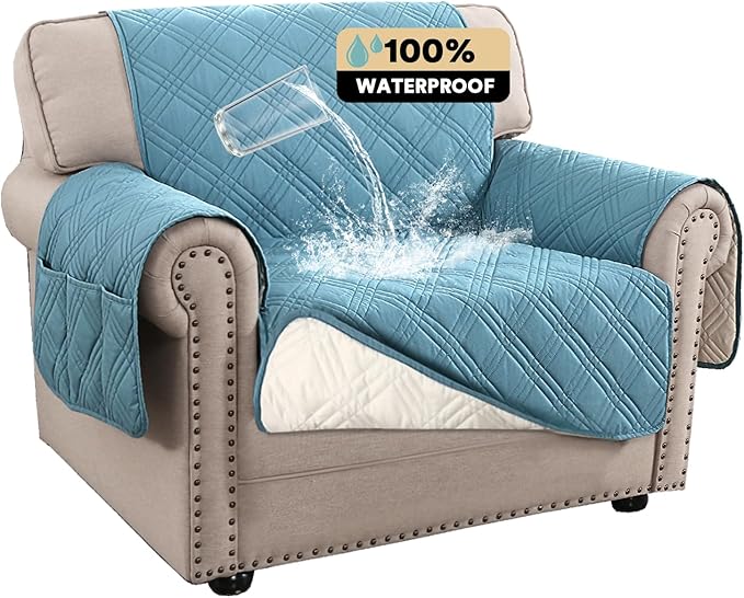 PrinceDeco 100% Waterproof Chair Sofa Slipcover for Living Room Water Resistant Couch Cover Furniture Protector Cover with Elastic Straps for Pets Kids Children Dog Cat(Chair 23", Smoke Blue)