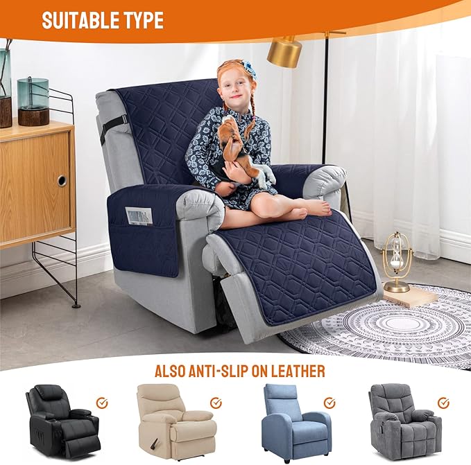 VANSOFY 100% Waterproof Recliner Chair Covers, Recliner Cover Non-Slip Dog Chair Cover Furniture Protector Washable Slipcover with Pocket, Elastic Straps for Pets, Dogs(Dark Blue, 25")