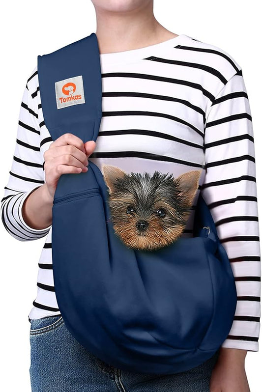 Tomkas Small Dog Sling Carrier - Zipper pocket & Adjustable strap - for 3 - 10 lbs pets(Dark Blue)