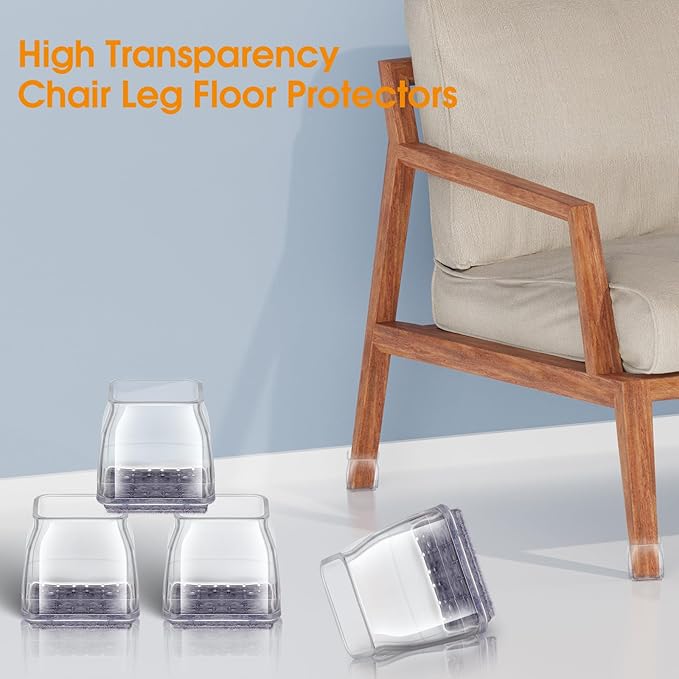36Pcs Square Chair Leg Floor Protectors, High Elastic Felt Furniture Pads for Hardwood Floors, Silicone Floor Protectors for Chairs, Chair Leg Caps Covers Socks (Transparent, Large)
