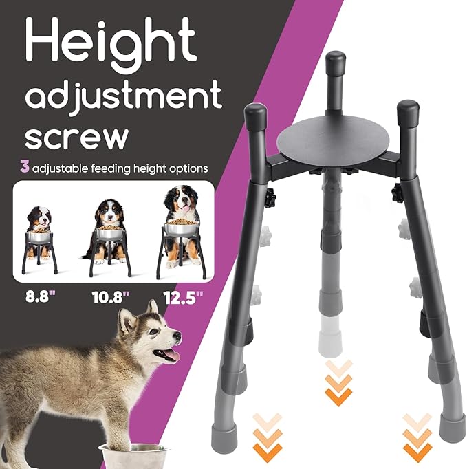 2-Pack Adjustable Elevated Dog Bowl Stands, Metal Raised Feeders for Medium & Large Dogs, 3 Heights (8.8", 10.8", 12.5"), Width 6.3"–10.2", Spill-Proof Mats, Non-Slip, Bowls Not Included