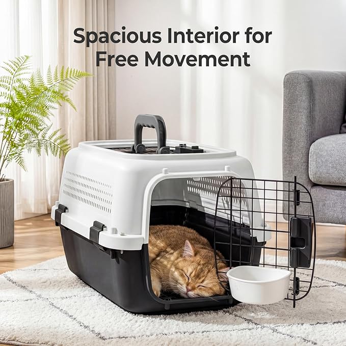 NEWBULIG 23" Hard-Sided Dog Carrier, Plastic Cat & Dog Crate, 4-Sided Ventilation Travel Pet Kennel, Top & Front Door Access, Integrated Food Bowl, for Small Pets up to 22 lbs, White & Black