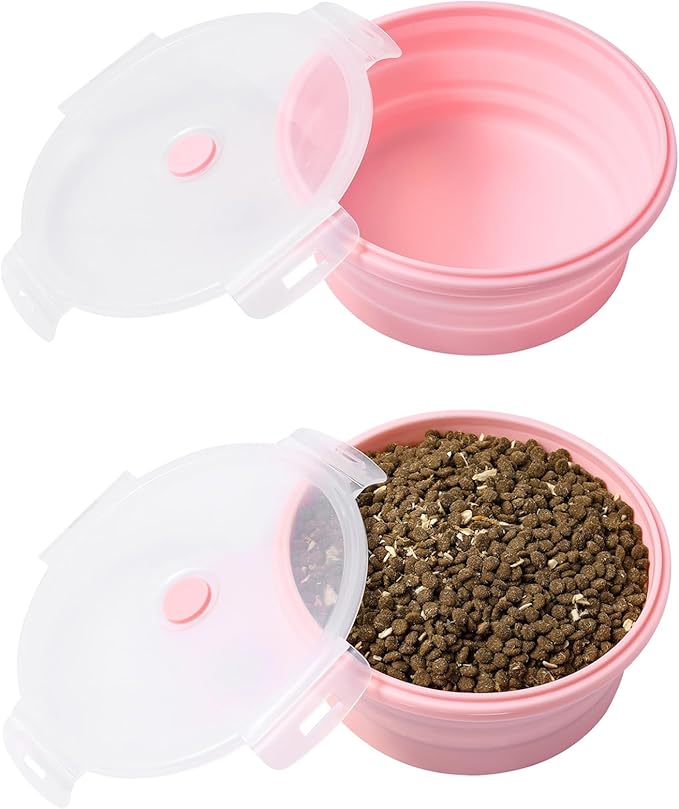 Collapsible Dog Bowls with Lids, 2 Pack Portable Travel Dog Bowls for Small Medium Large Dogs, Silicone Foldable Outdoor Dog Cat Food Water Bowls for Camping Hiking Road Trip, Pink 27 oz