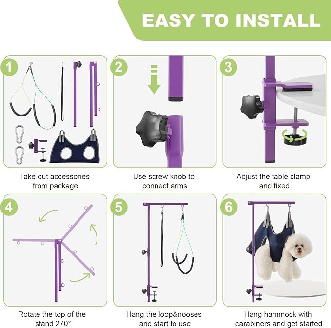 Home Dog Grooming Table Arm with Hammock 35" Height Adjustable Dog Grooming Arm with Clamp No-Sit Haunch Holders Durable Purple(Grooming Table Not Included)