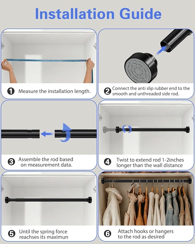 No Drilling Closet Rods for Hanging Clothes, Non Slip Tension Rod with Heavy Duty Clothes Hanging Rod, 17-69 Inches Adjustable Spring Closet Rod for Closet Wardrobe Bathroom Laundry RV, Black