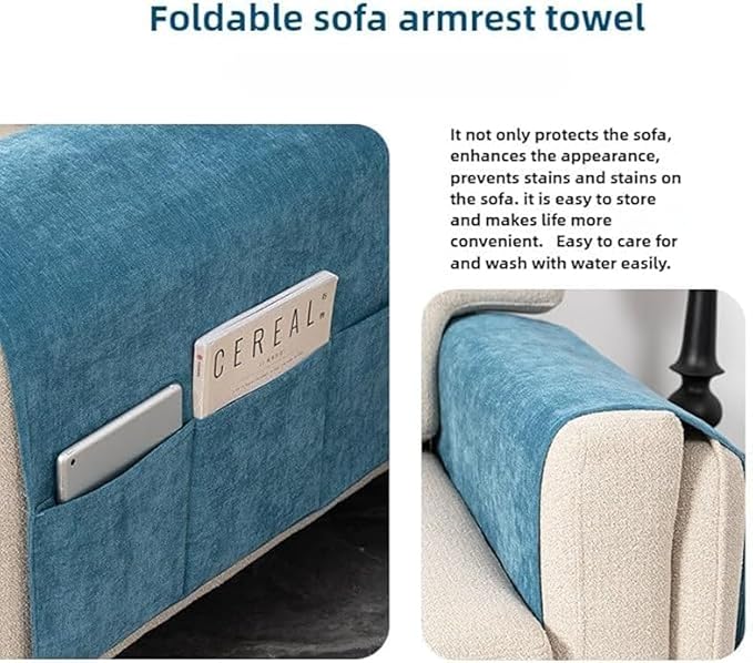 Recliner Chenier Armrest Covers for Living Room Anti-Slip Sofa Arm Protector for Dogs, Cats, Pets Armchair Slipcover for Couch with 3 Pockets for TV Remote Control, Phone, Set of 2 (Navy Blue)