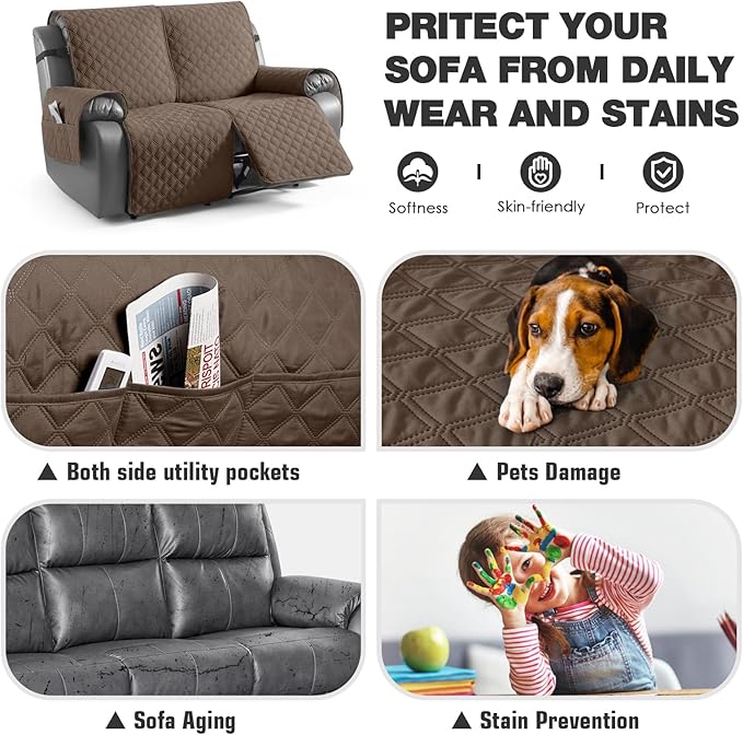 TAOCOCO 100% Waterproof Recliner Couch Covers, Recliner Sofa Covers with Leg Straps, 1-Piece Washable Reclining Sofa Cover with Pocket Couch Protector for Pets Kids(2 Seater, Brown)