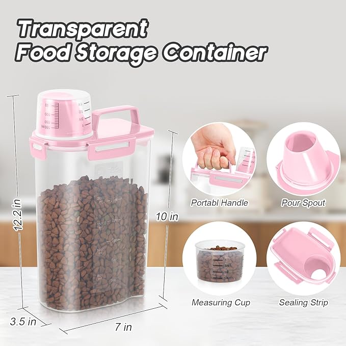 LEAWALK 3+5Lbs 2Pack Small Cat Dog Food Storage Containers BPA Free, Airtight Pet Food Storage Containers with Large Pour Spout/1 Measuring Cup/ 4 Safety Locks and Double-Layer Silicone Strip (Pink)