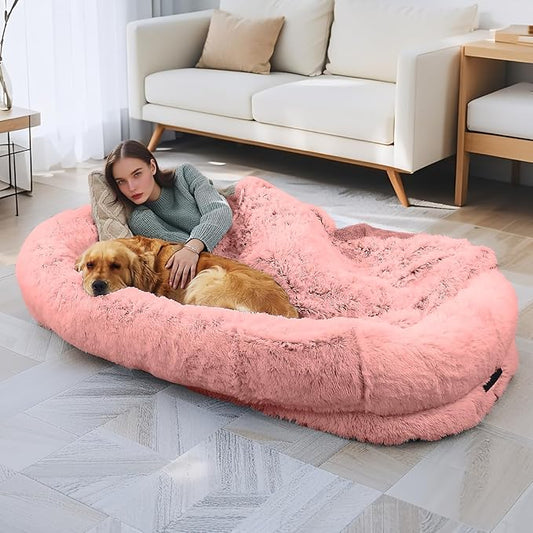 Human Dog Bed - Extra Large Dog Bed for Humans,71''x45''x12'' 、 Giant Cuddle Pillow Pet Lounger, Super Soft Plush Orthopedic Floor Cushion for Adults, Kids, Pets - Washable Cover, Pink.