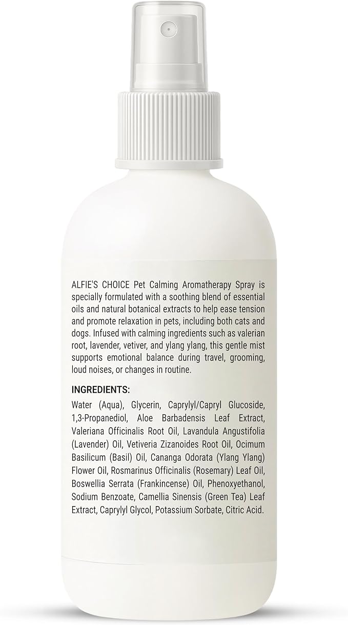 ALFIE'S CHOICE Pet Calming Aromatherapy Spray - Cat Calming Spray for Indoor Use & Travel - Dog Relaxation Mist with Essential Oils - Natural Scent for Grooming, Loud Noises - 3.4 fl oz