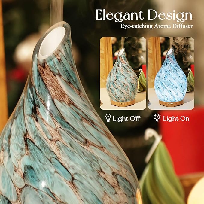 Porseme 280ml Glass Essential Oil Diffuser Aromatherapy Ultrasonic Cool Mist Humidifier 7 Running Hours Waterless Auto-Off Air Diffusers for Sleeping, Yoga, Office Working, Spa and Rest (Light Blue)