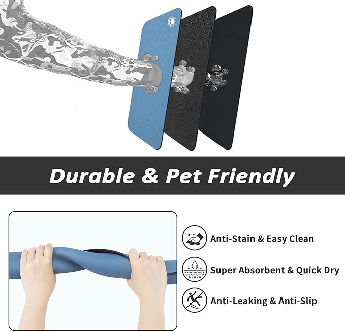 Dog Food Mat - Absorbent Cat Mat for Food and Water, No Stains Pet Feeding Bowl Mat, Easy to Clean Pet Placemats, Quick Dry Dog Water Dispenser Mat for Messy Drinkers | Paw Blue 12"x 19"