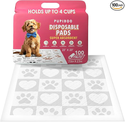 Pupiboo Disposable Dog and Cat Training Pads (100 Count) – 23x23 in Highly Absorbent Pee Pads, Leak Proof Backing, Pheromonal Attractant for Housebreaking and Indoor Potty Training