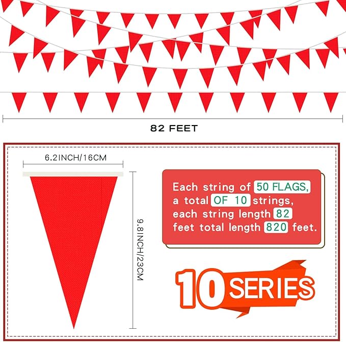 Tatuo 820 ft 500 Pcs Pennant Banner Flag String Hanging Triangle Bunting Flag for Carnival Party Outdoor Events Birthday Classroom Decoration(Red)