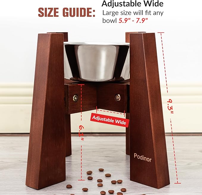 Elevated Dog Bowl Stand for Medium Dogs, Sturdy Bamboo Raised Dog Food and Water Feeding Station - Adjustable Sideways (3 Cup Bowl Included)