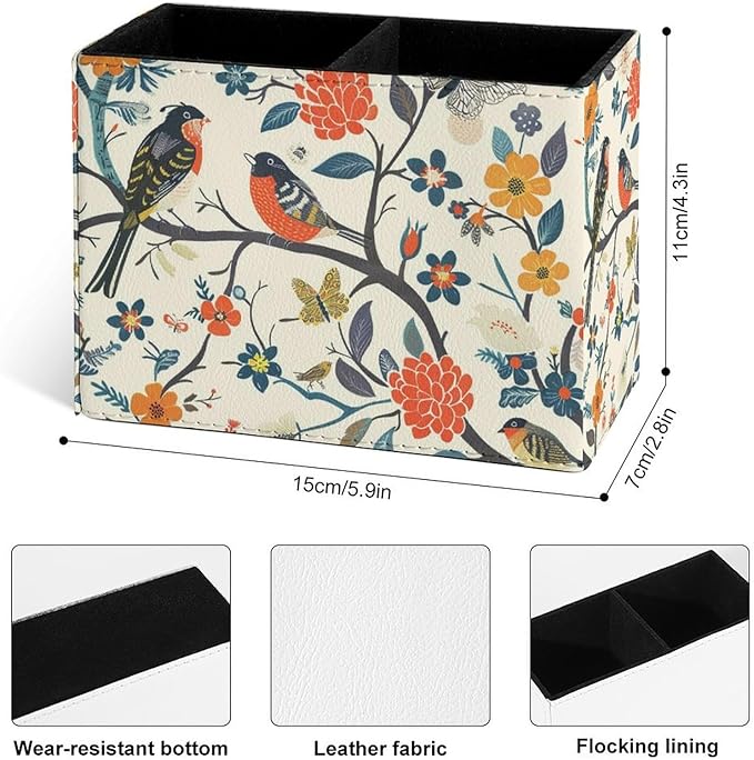 Famame Birds And Butterfly Tree Pencil Holder for Desk, Leather Desktop Container Pen Cup Storage Study Table Pen Organizer Makeup Brush Holder for Classroom Office Home