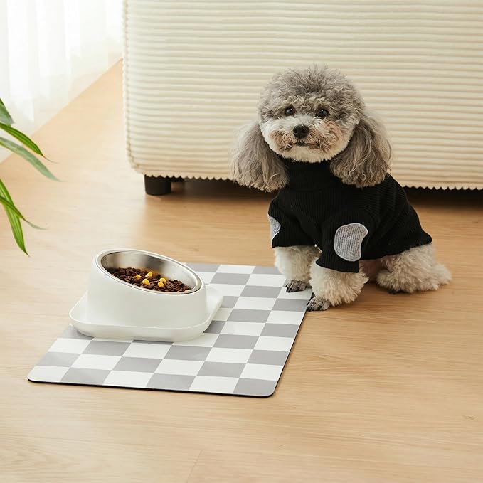 Checkered Dog Feeding Mat, Absorbent Mats for Dog Food and Water Bowl, Dispenser, Feeder, Retro Aesthetic Grey Checkerboard Pet Placemat for Dogs, Cats, Puppy Accessories, 16" X 24”