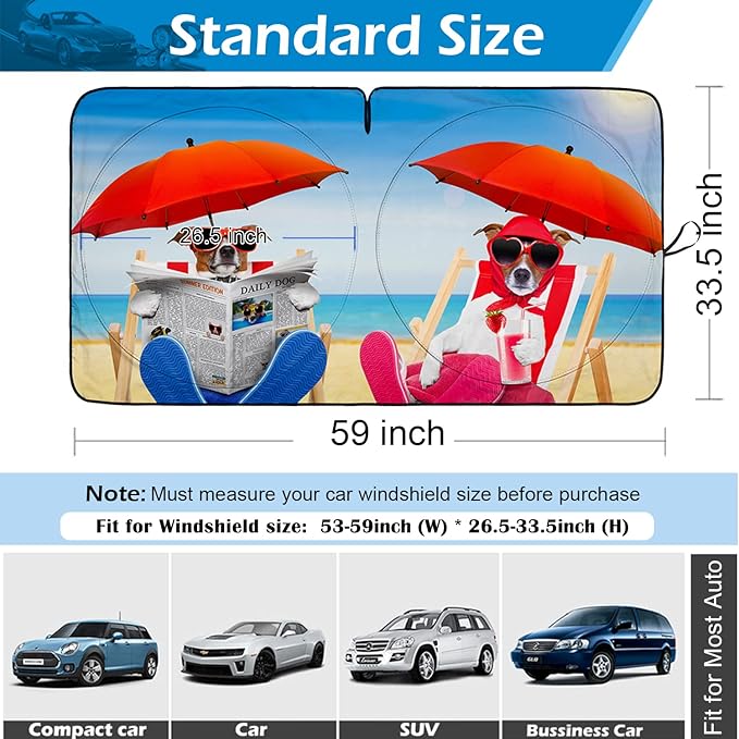 IC ICLOVER Windshield Sun Shade Funny for Car SUV Truck, 240T Polyester Blocks Heat and Sun, Foldable UV Ray Reflector Front Window Sun Shade Visor Shield Cover - 59inchx33inch (Dog with Umbrella)