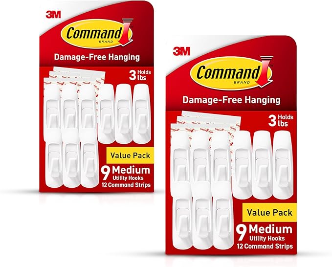 Command Medium Utility Wall Hooks with Adhesive Strips, No Tools Required for Hanging Organizational Items in Living Spaces, 18 White Hooks and 24 Strips